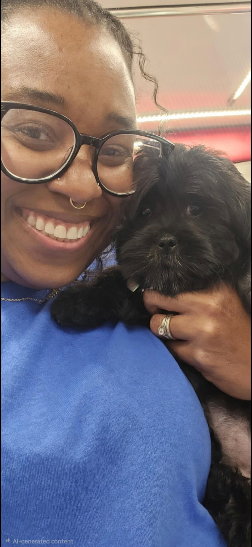Brittany cradling a small black puppy after its first gentle puppy groom
