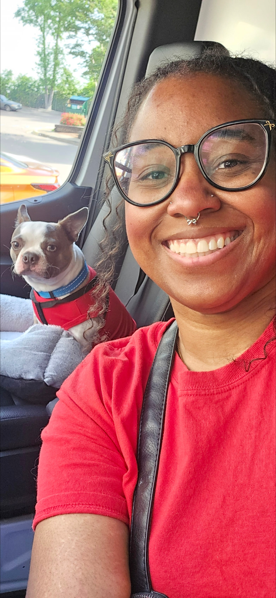 Brittany holding a small Boston terrier in the grooming van after a tidy face and feet trim